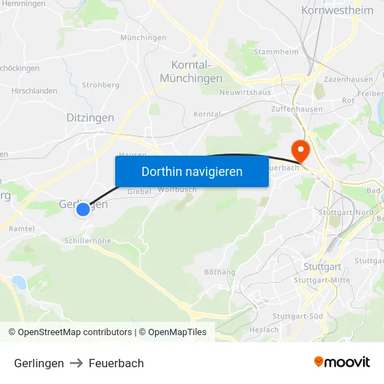 Gerlingen to Feuerbach map