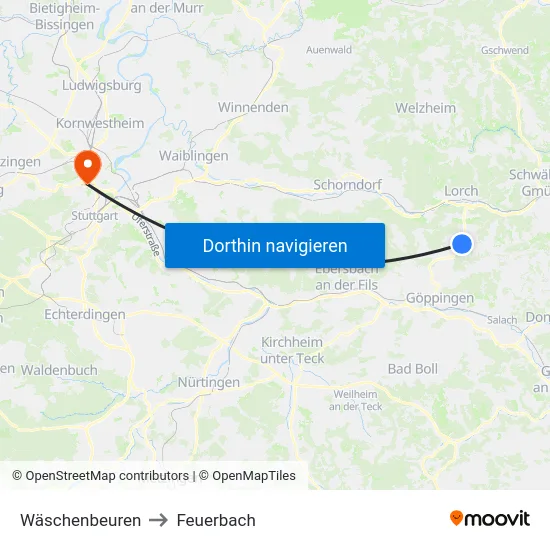 Wäschenbeuren to Feuerbach map