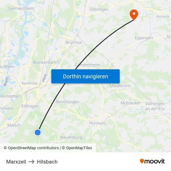 Marxzell to Hilsbach map