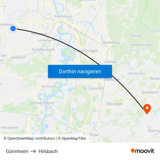 Gönnheim to Hilsbach map