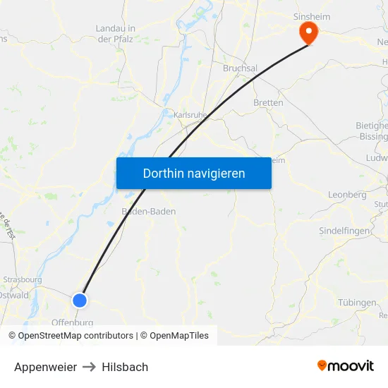 Appenweier to Hilsbach map