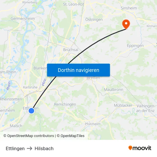 Ettlingen to Hilsbach map