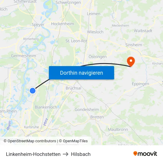 Linkenheim-Hochstetten to Hilsbach map