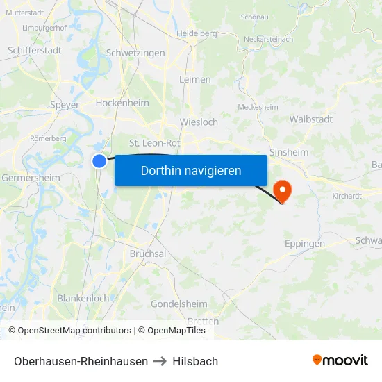 Oberhausen-Rheinhausen to Hilsbach map