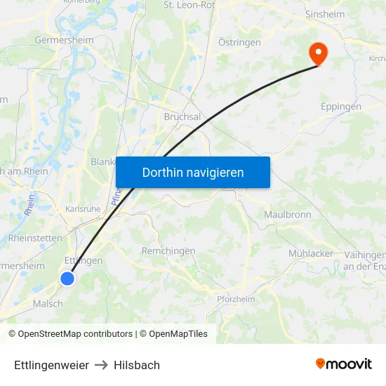 Ettlingenweier to Hilsbach map
