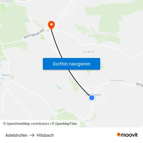 Adelshofen to Hilsbach map