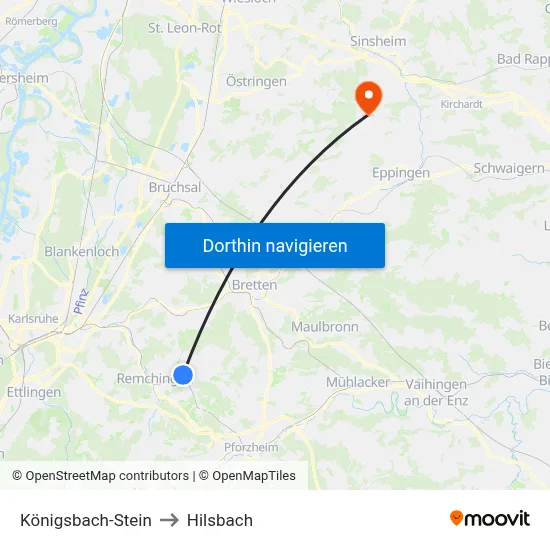 Königsbach-Stein to Hilsbach map