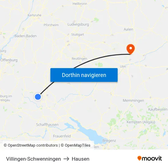Villingen-Schwenningen to Hausen map