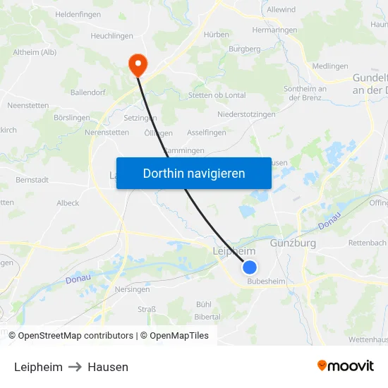 Leipheim to Hausen map