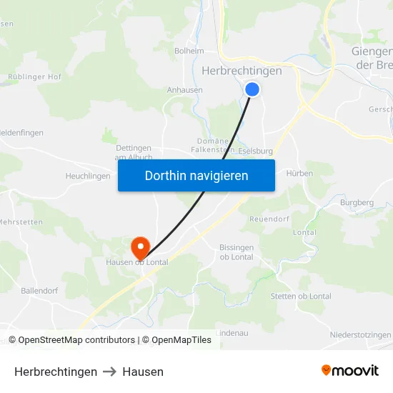 Herbrechtingen to Hausen map