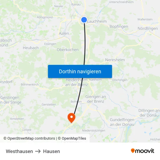 Westhausen to Hausen map
