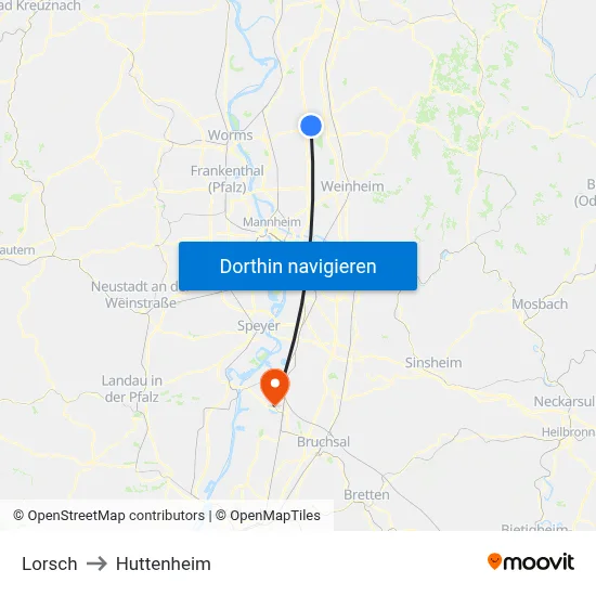 Lorsch to Huttenheim map