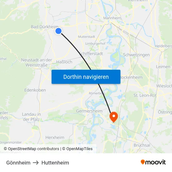 Gönnheim to Huttenheim map