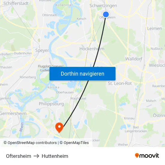Oftersheim to Huttenheim map