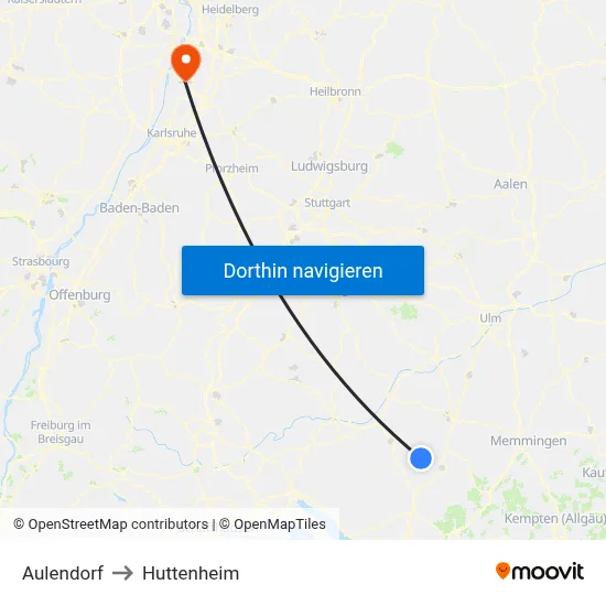 Aulendorf to Huttenheim map