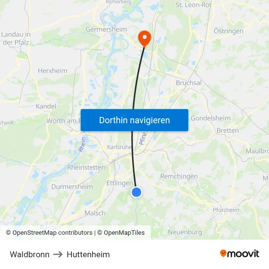 Waldbronn to Huttenheim map