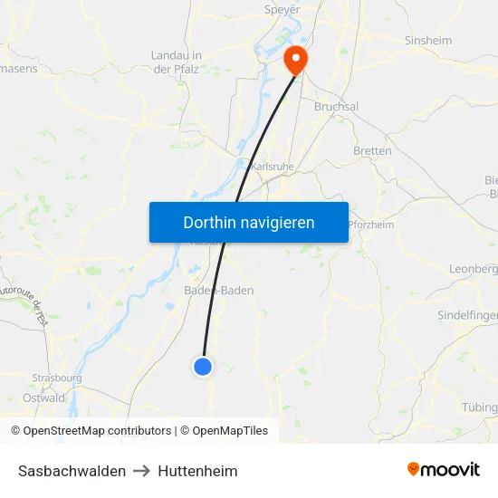 Sasbachwalden to Huttenheim map