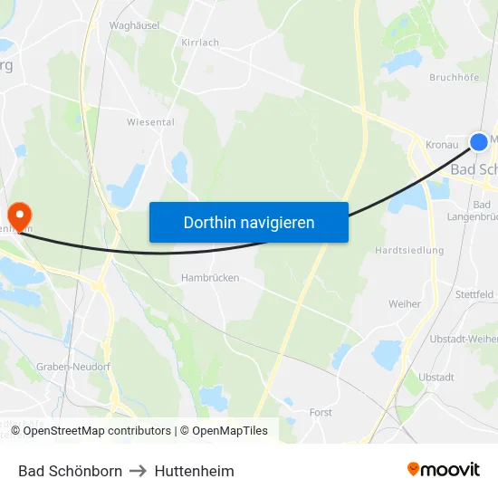 Bad Schönborn to Huttenheim map
