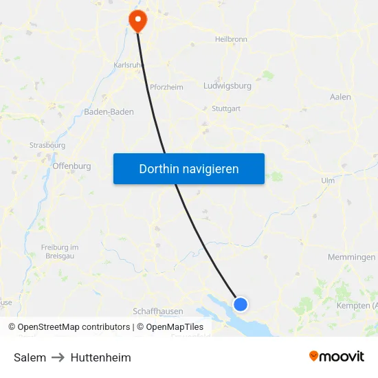 Salem to Huttenheim map