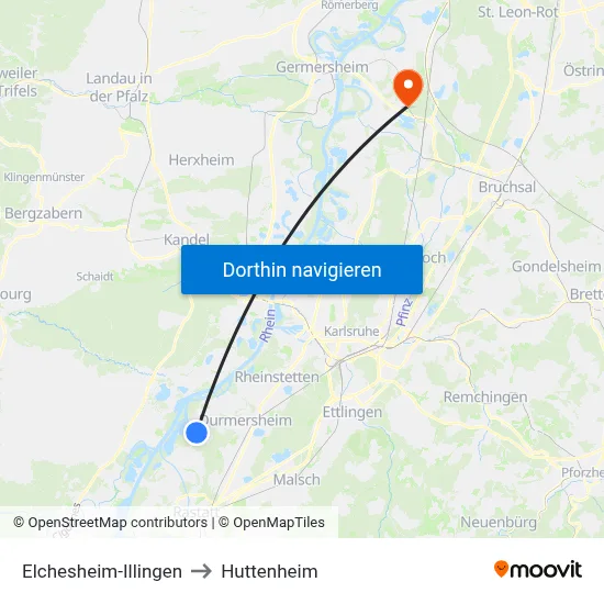 Elchesheim-Illingen to Huttenheim map