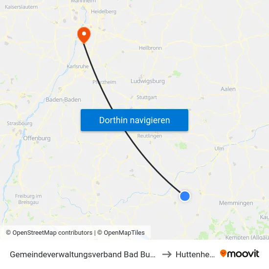 Gemeindeverwaltungsverband Bad Buchau to Huttenheim map