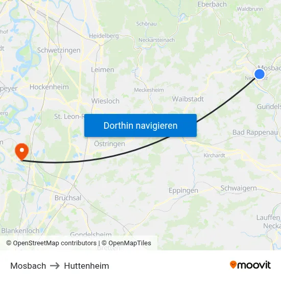 Mosbach to Huttenheim map