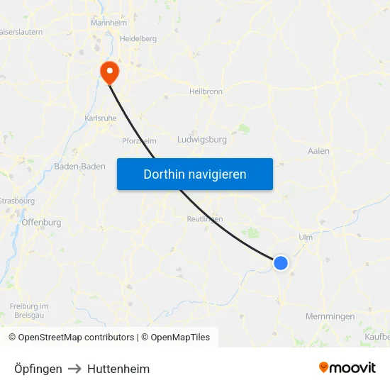 Öpfingen to Huttenheim map