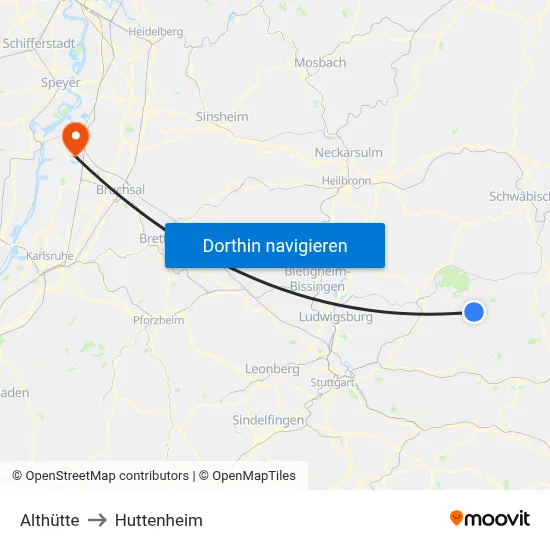 Althütte to Huttenheim map