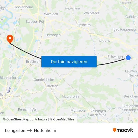 Leingarten to Huttenheim map