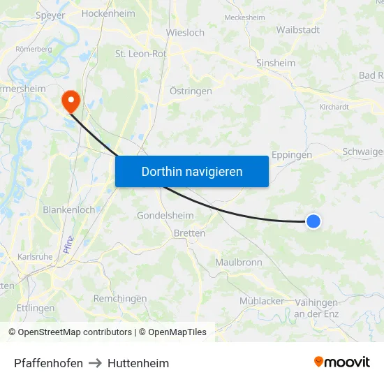 Pfaffenhofen to Huttenheim map