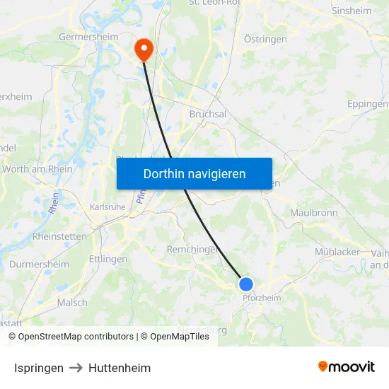 Ispringen to Huttenheim map