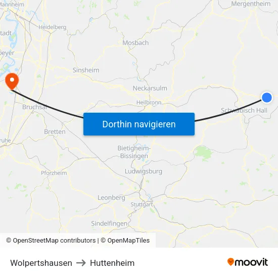 Wolpertshausen to Huttenheim map
