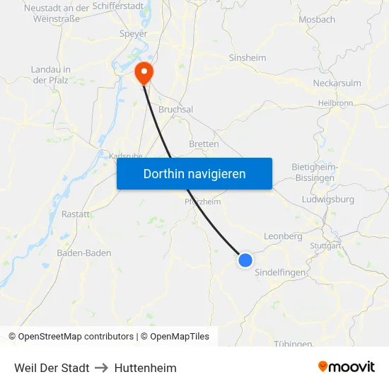 Weil Der Stadt to Huttenheim map