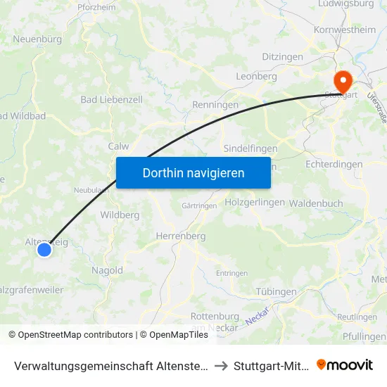 Verwaltungsgemeinschaft Altensteig to Stuttgart-Mitte map
