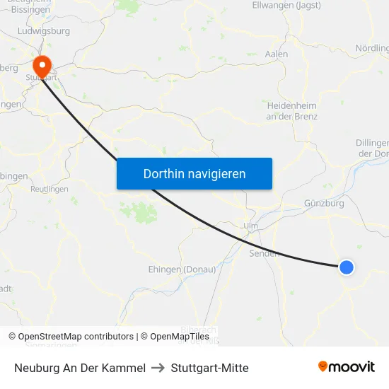 Neuburg An Der Kammel to Stuttgart-Mitte map