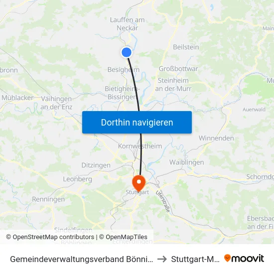 Gemeindeverwaltungsverband Bönnigheim to Stuttgart-Mitte map