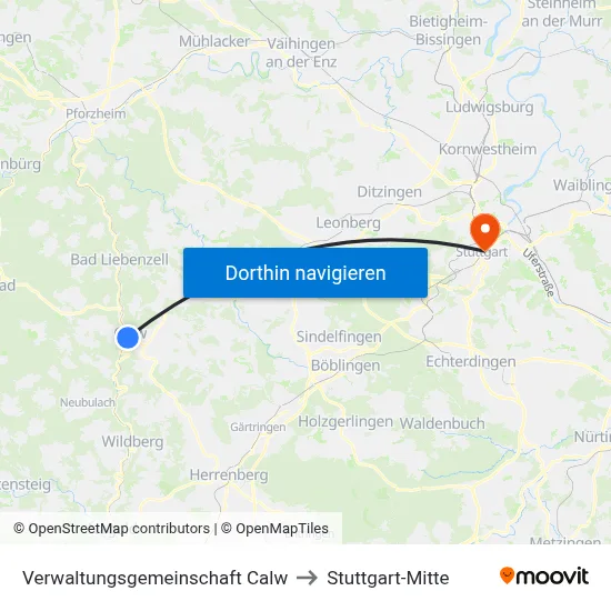 Verwaltungsgemeinschaft Calw to Stuttgart-Mitte map