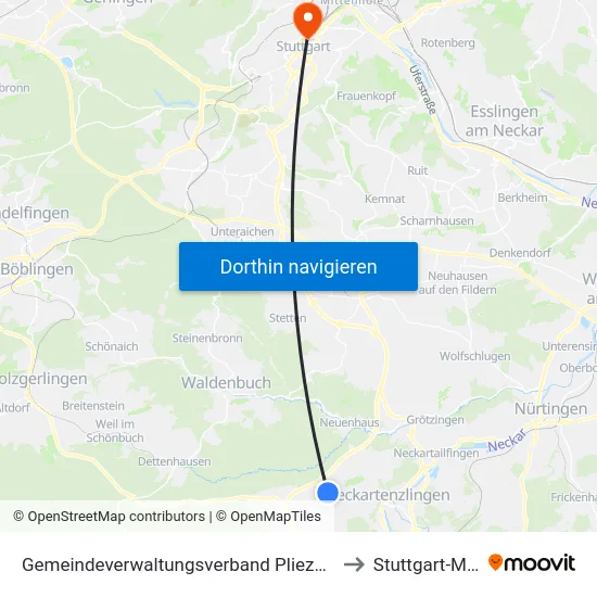 Gemeindeverwaltungsverband Pliezhausen to Stuttgart-Mitte map