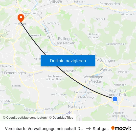 Vereinbarte Verwaltungsgemeinschaft Der Stadt Kirchheim Unter Teck to Stuttgart-Mitte map