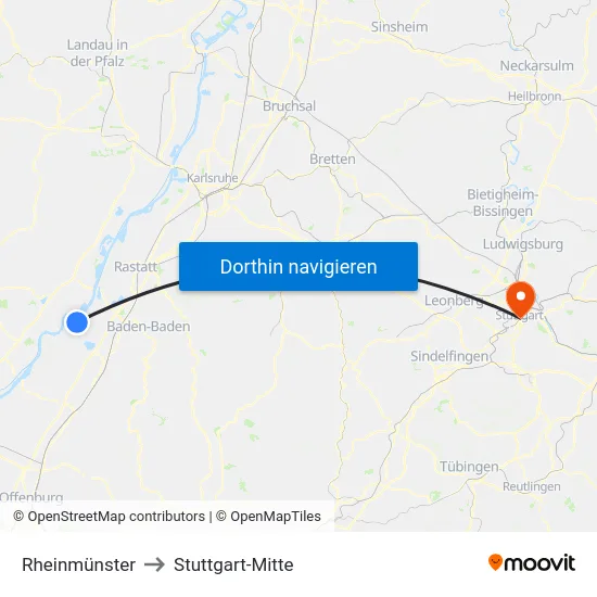Rheinmünster to Stuttgart-Mitte map