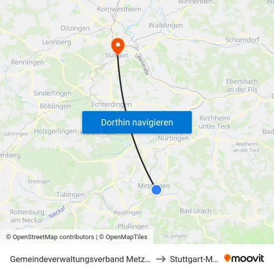 Gemeindeverwaltungsverband Metzingen to Stuttgart-Mitte map