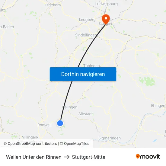 Weilen Unter den Rinnen to Stuttgart-Mitte map