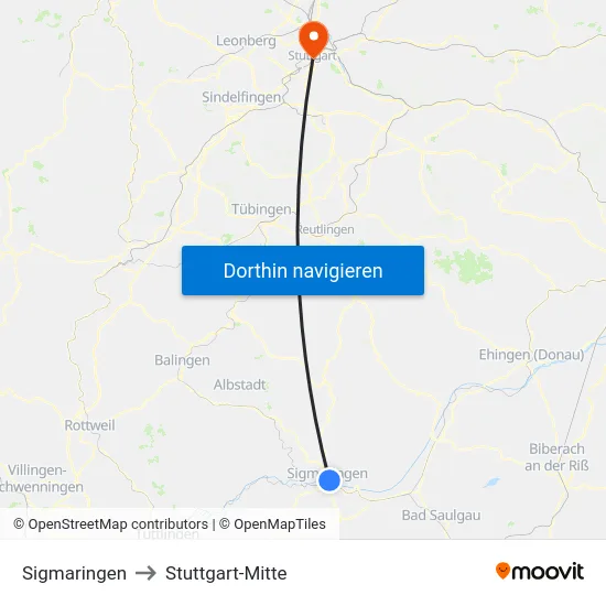 Sigmaringen to Stuttgart-Mitte map