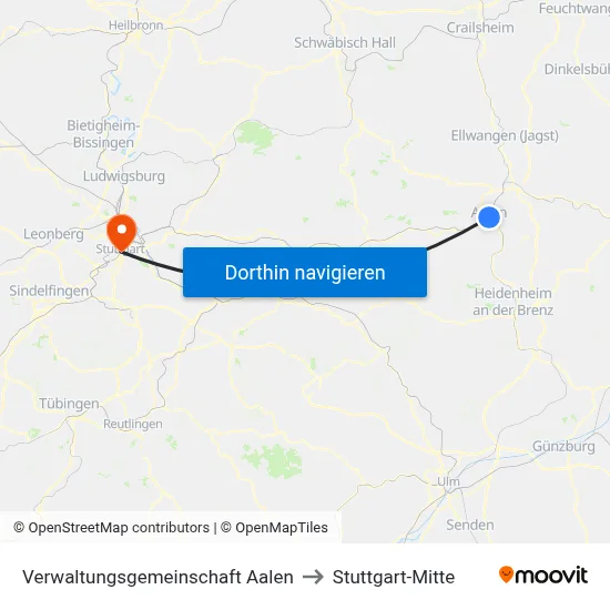 Verwaltungsgemeinschaft Aalen to Stuttgart-Mitte map