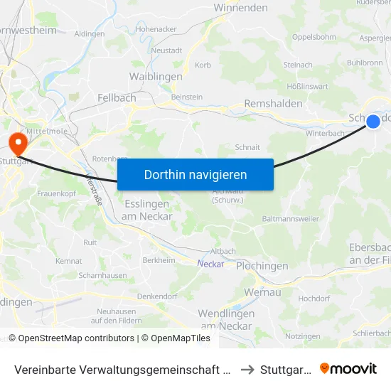 Vereinbarte Verwaltungsgemeinschaft Der Stadt Schorndorf to Stuttgart-Mitte map