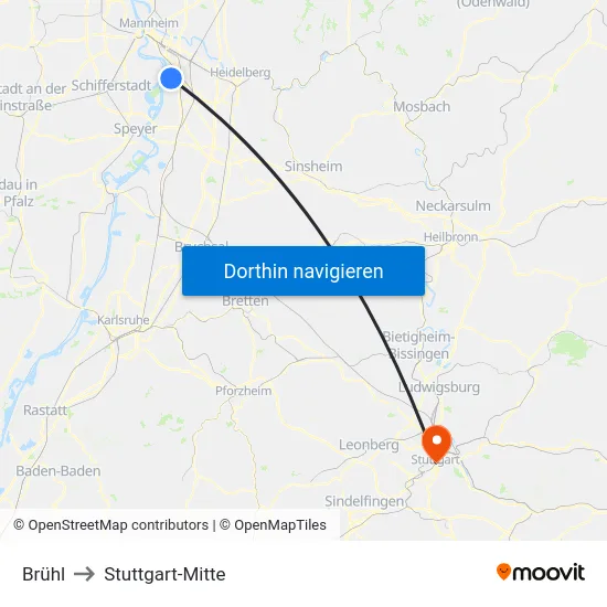 Brühl to Stuttgart-Mitte map