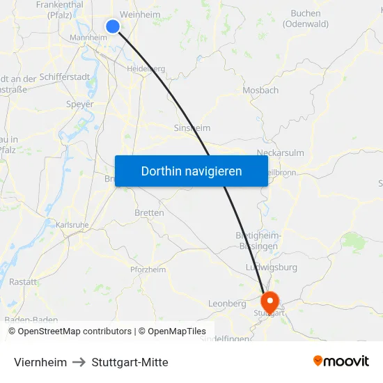 Viernheim to Stuttgart-Mitte map