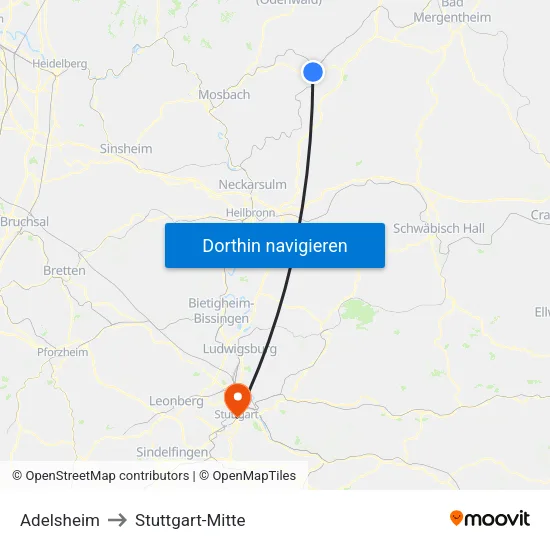 Adelsheim to Stuttgart-Mitte map