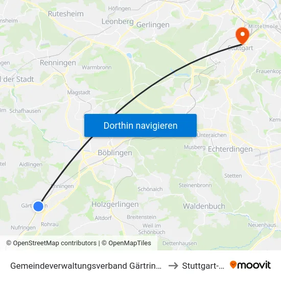 Gemeindeverwaltungsverband Gärtringen/Ehningen to Stuttgart-Mitte map