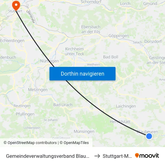 Gemeindeverwaltungsverband Blaubeuren to Stuttgart-Mitte map
